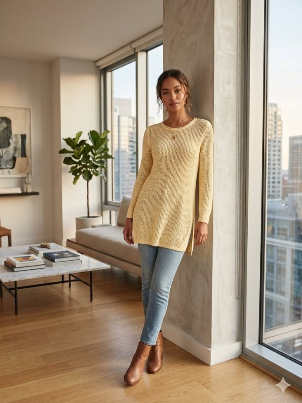 Chico's Women's Size 1/8-10 Yellow Loose Weave 3/4 Sleeve Tunic Sweater Top